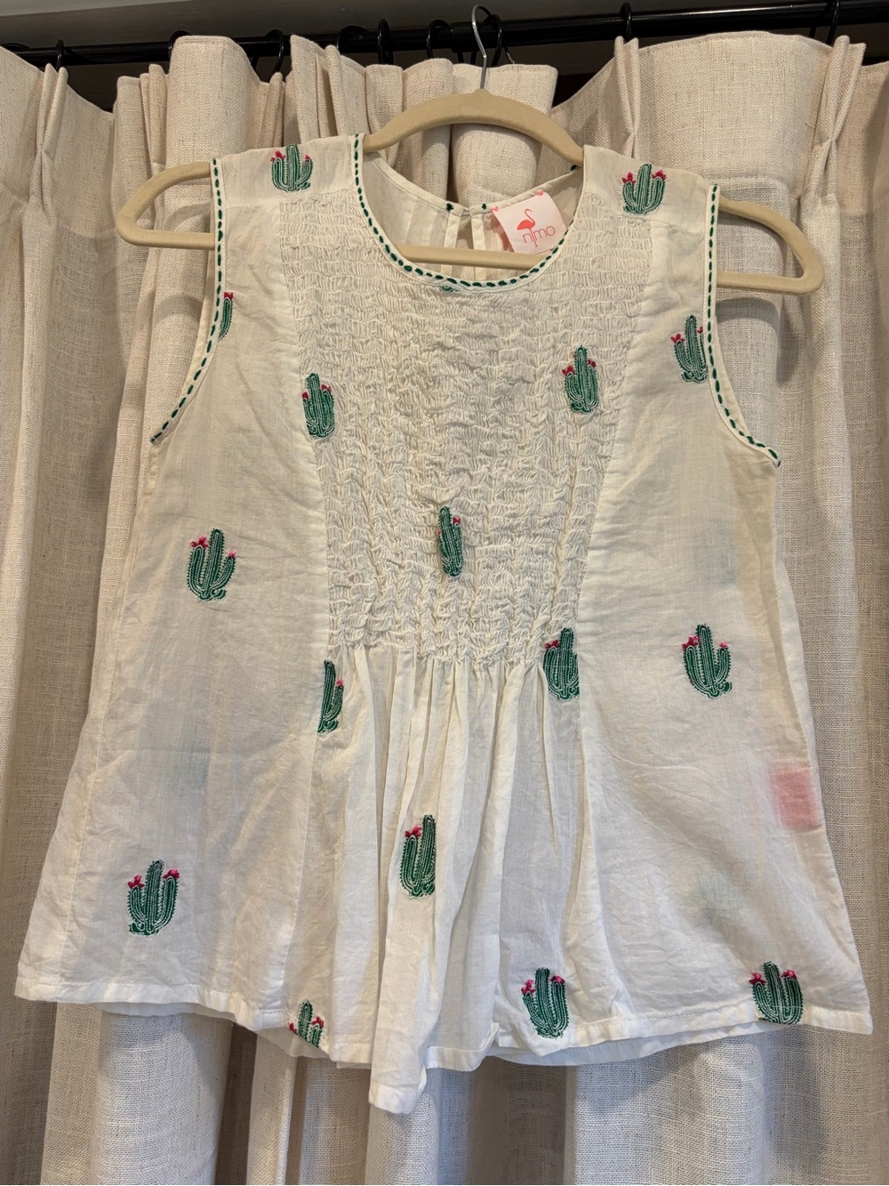 Nimo with Love - White Embroidered Cactus Smocked Tank Top